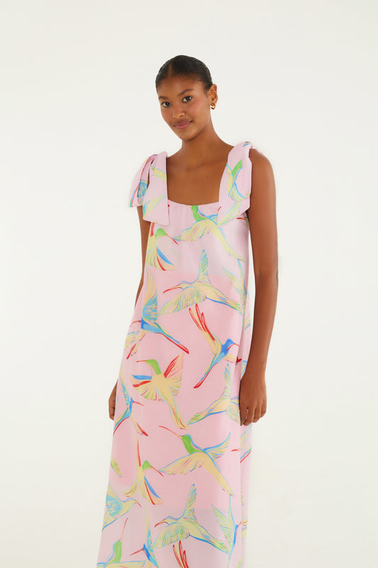 Vestido Lazo y Estampado colibrí