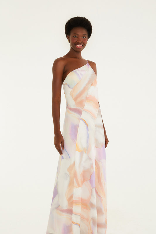 Vestido un Hombro Estampado de Perlas