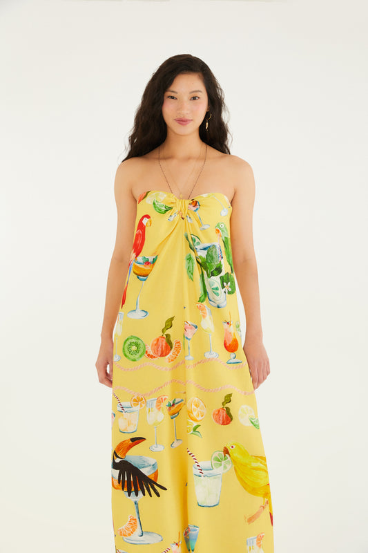 Vestido de Nudo Estampado Cóctel Amarillo