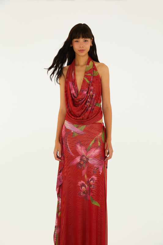 Falda Midi de tul Estampado floral de orquídeas