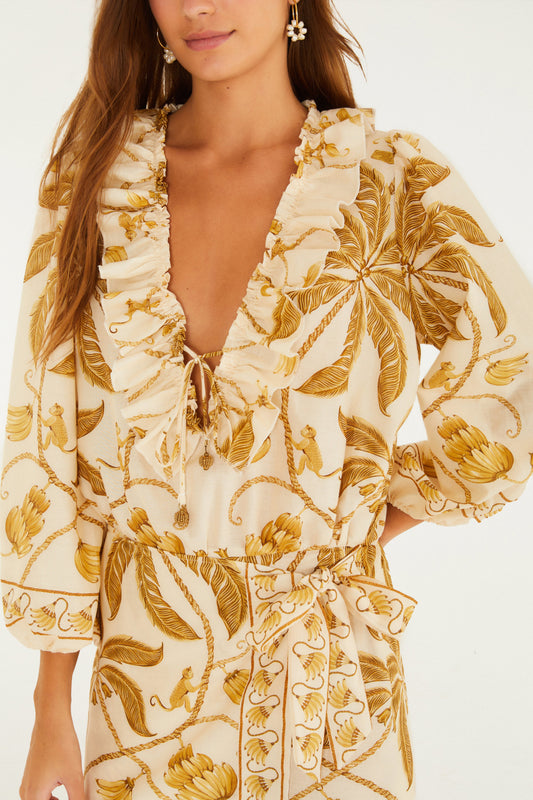 Vestido Corto Manga Estampado Ourinho Tropical