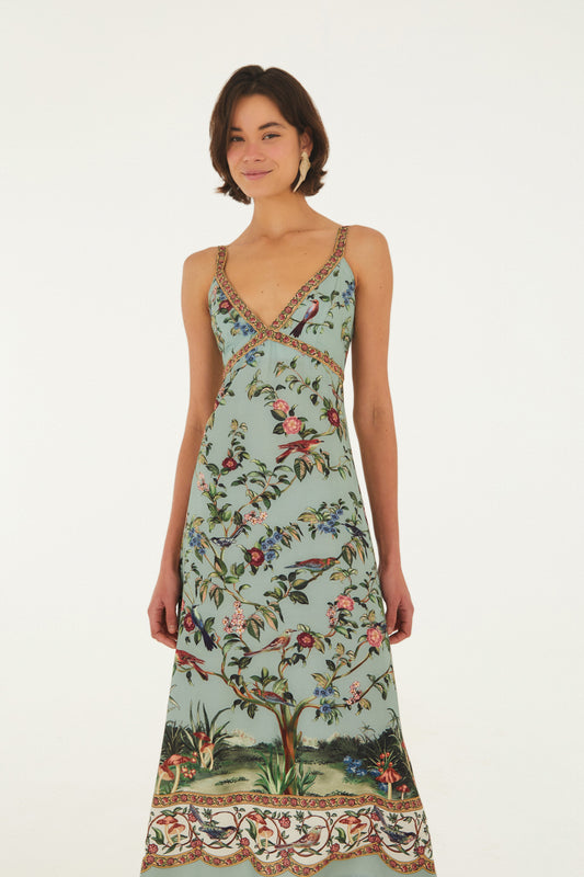 Vestido Largo Tirantes Estampado Canto de Pássaro