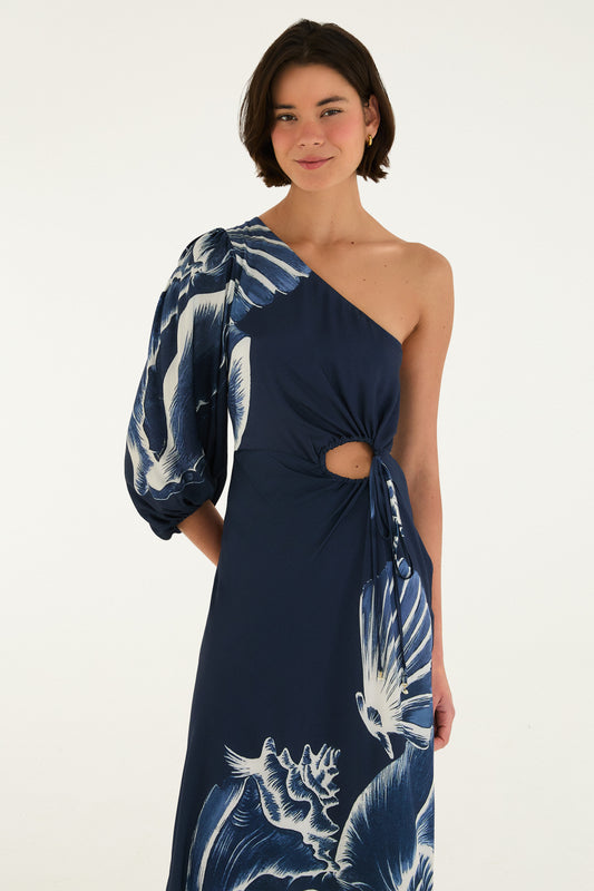 Vestido Largo Un Hombro Estampado Maxi Conchas