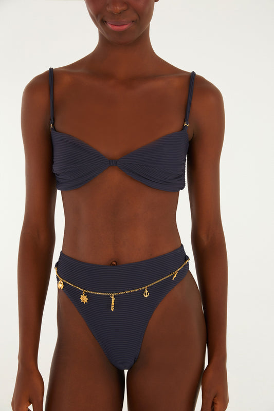 Bikini Hot Pants Cadena Liso Azul Noite