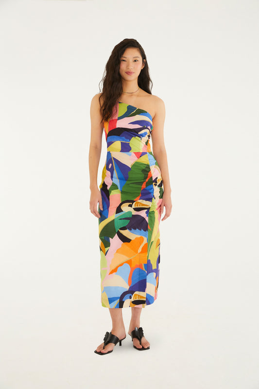 Vestido fruncido Estampado Tropical Flight