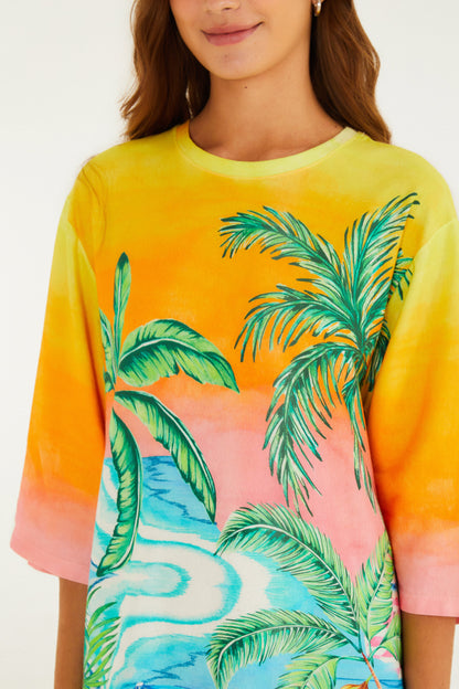 Vestido de T-Shirt  Estampado grande y paisaje solar