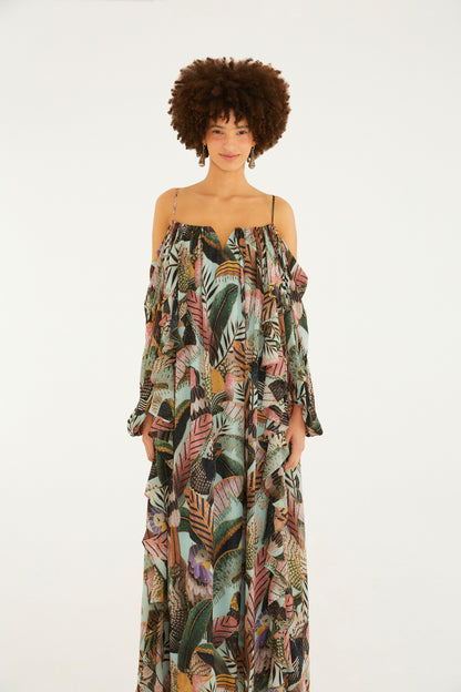 Vestido Largo Estampado Paraíso Das Aves