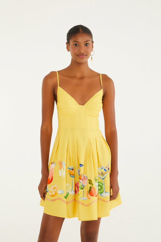 Vestido Cóctel Estampado amarillo  bufanda