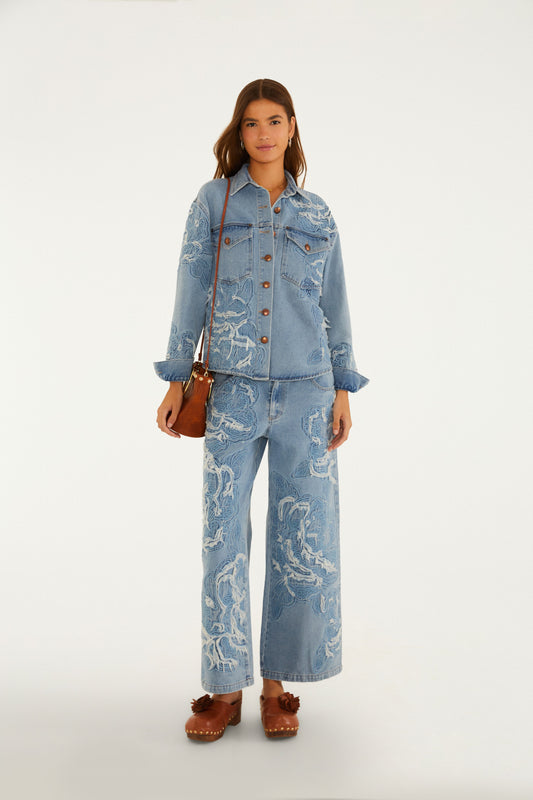 Pantalón Jeans Bordada Flor