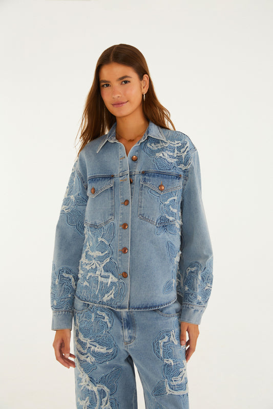 Camisa Jaqueta Jeans Bordado Flor