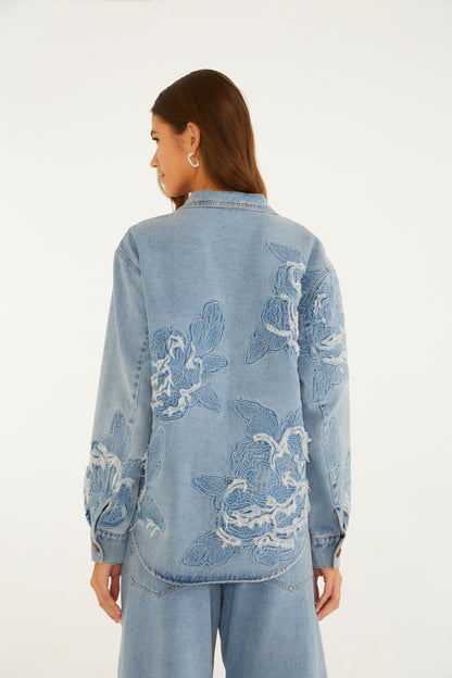 Camisa Jaqueta Jeans Bordado Flor
