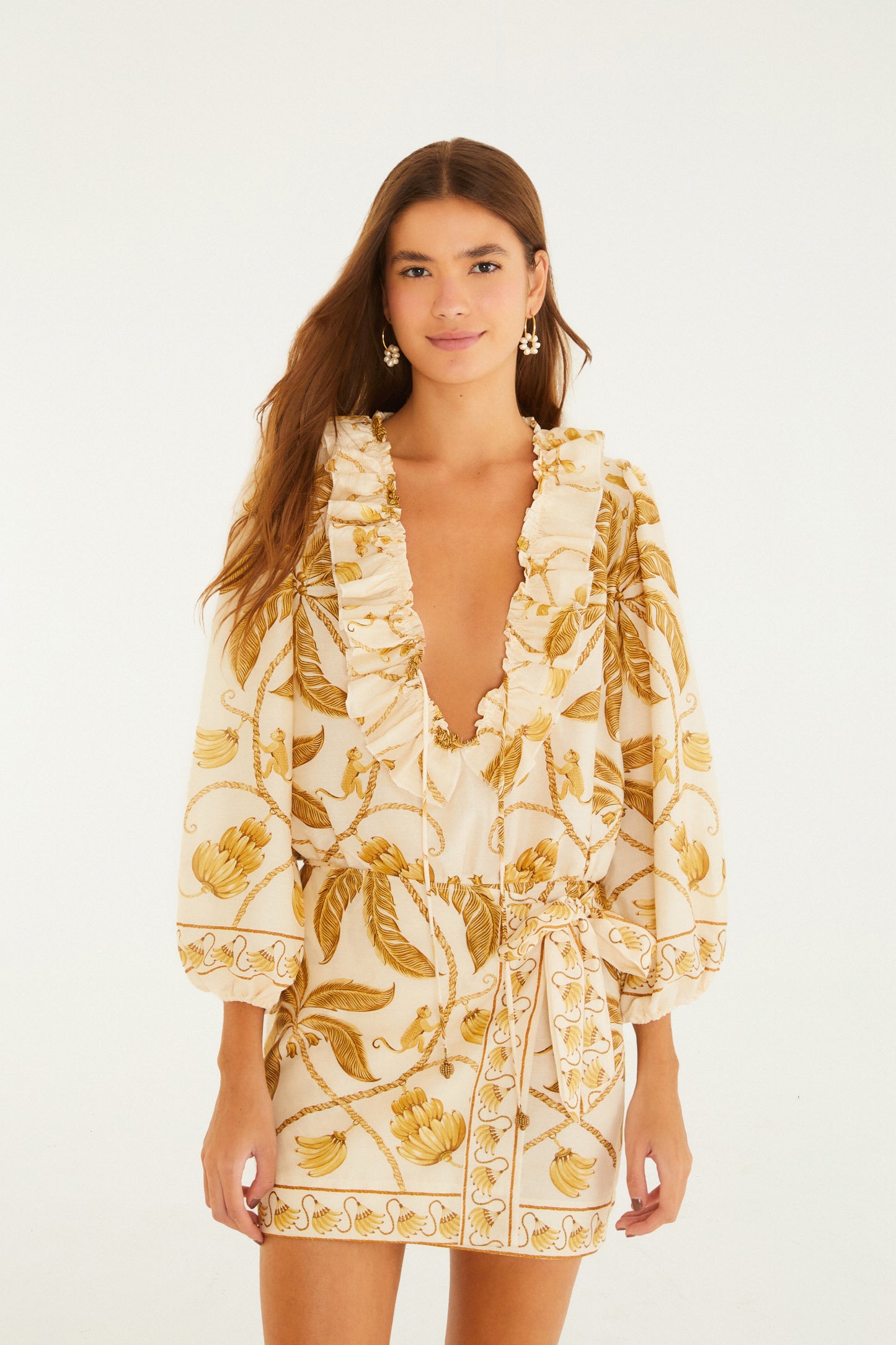 Vestido Corto Manga Estampado Ourinho Tropical