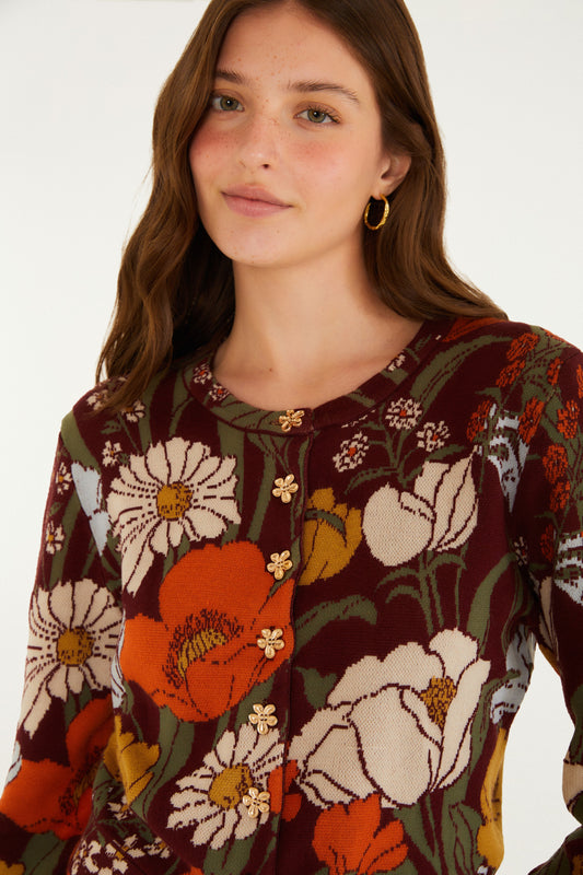 Cardigan Slim Tricot Floral Bucólico