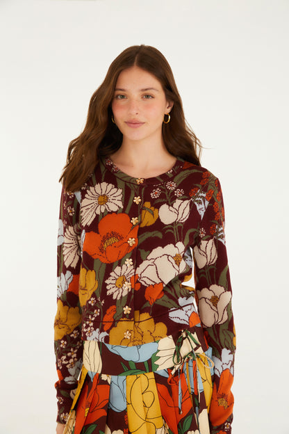 Cardigan Slim Tricot Floral Bucólico