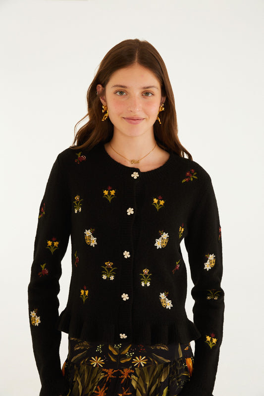 Cardigan Tricot Bordado Selva Da Noite