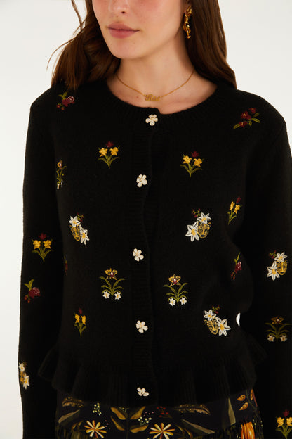 Cardigan Tricot Bordado Selva Da Noite
