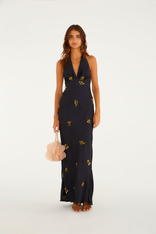 Vestido Cetim Bordado Selva