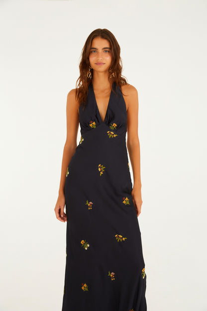 Vestido Cetim Bordado Selva