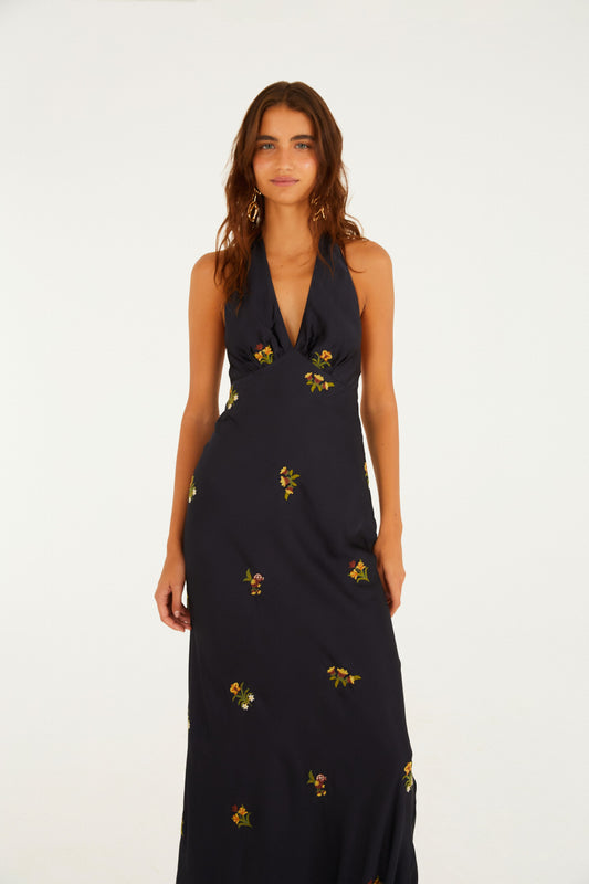Vestido Cetim Bordado Selva