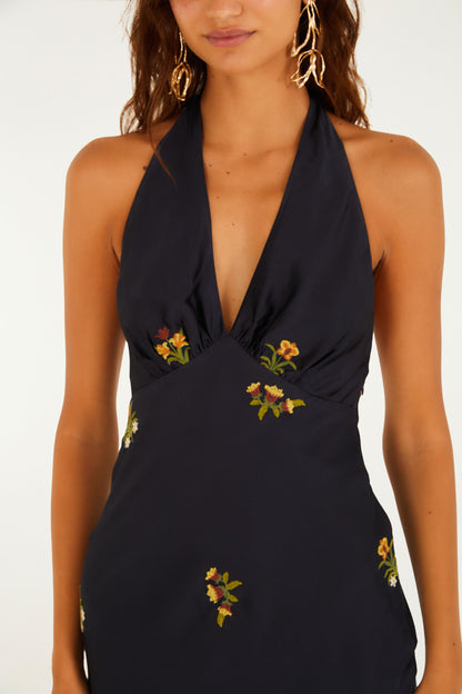 Vestido Cetim Bordado Selva