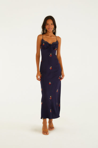 Vestido Cetim Bordado Morango