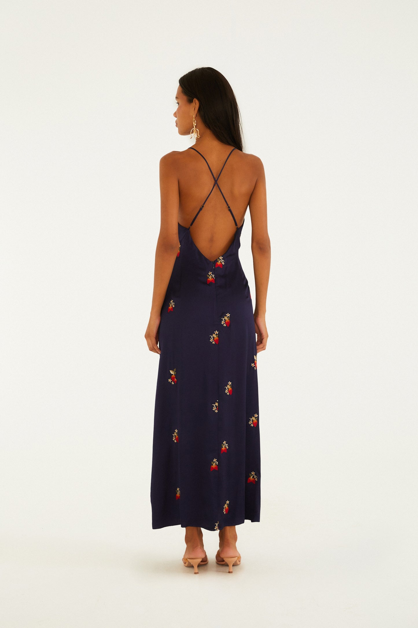Vestido Cetim Bordado Morango