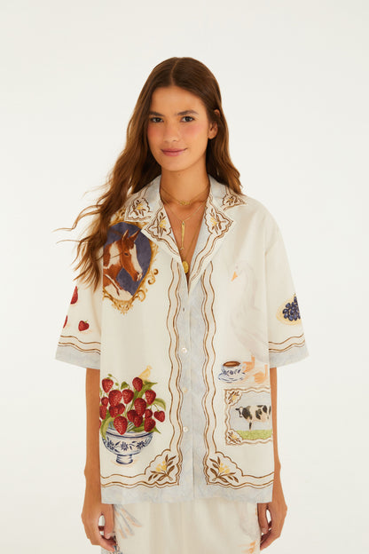Camisa Estampada Café Da Manhã Bege Seda