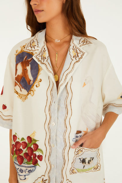 Camisa Estampada Café Da Manhã Bege Seda