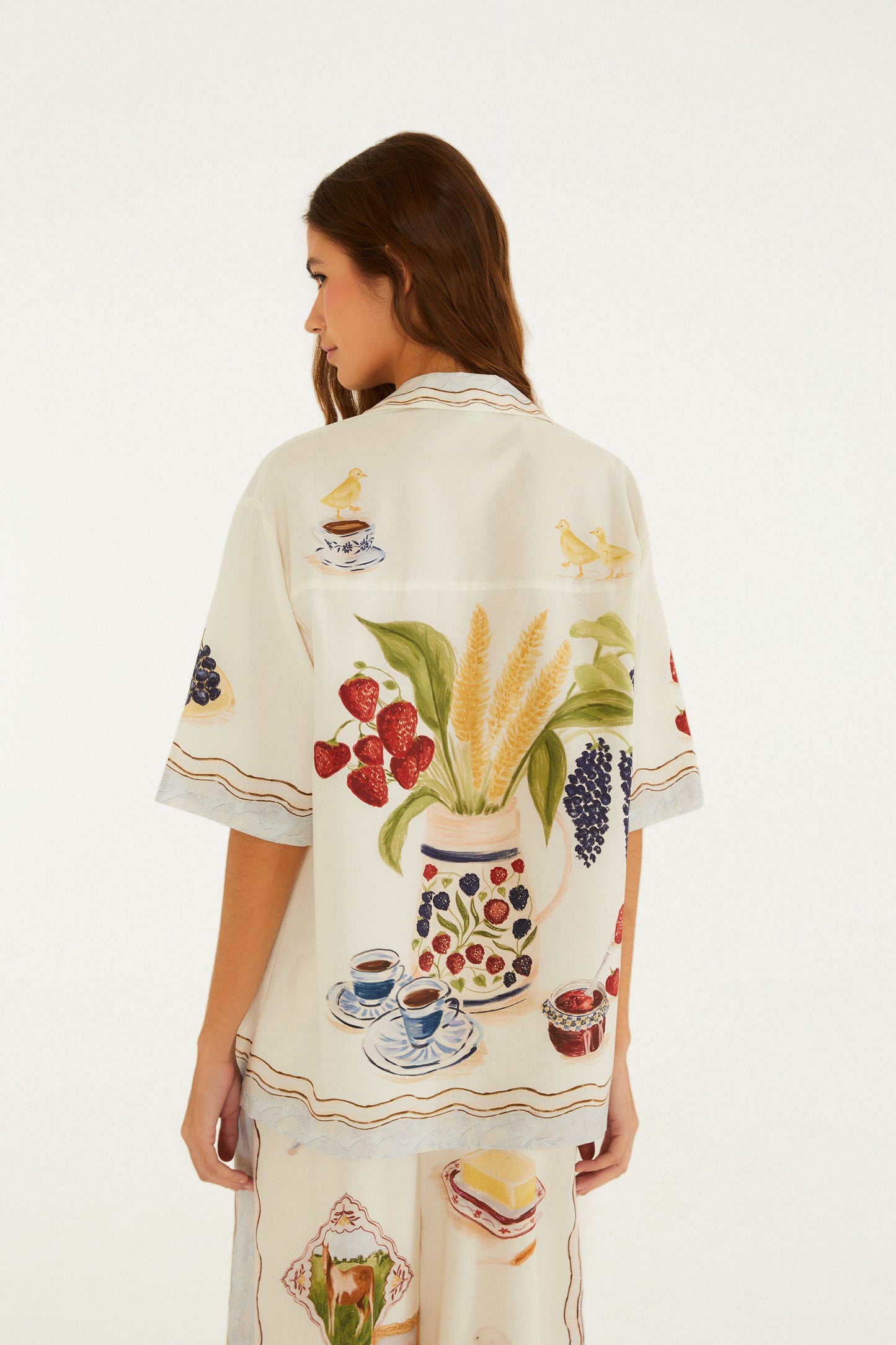Camisa Estampada Café Da Manhã Bege Seda