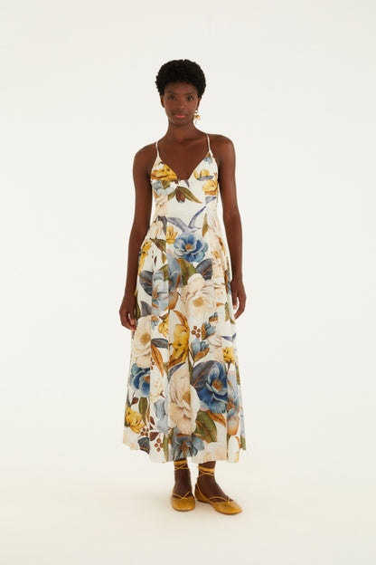 Vestido Largo Alça Estampado Jardim Guanabara