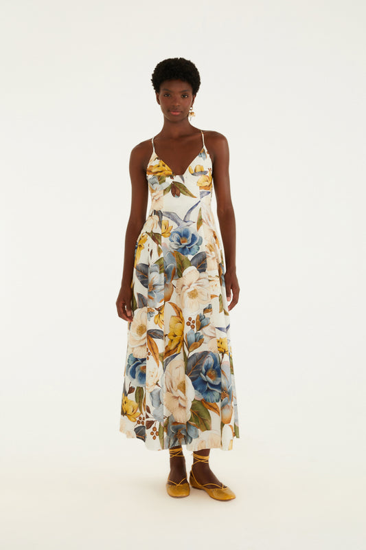 Vestido Largo Alça Estampado Jardim Guanabara