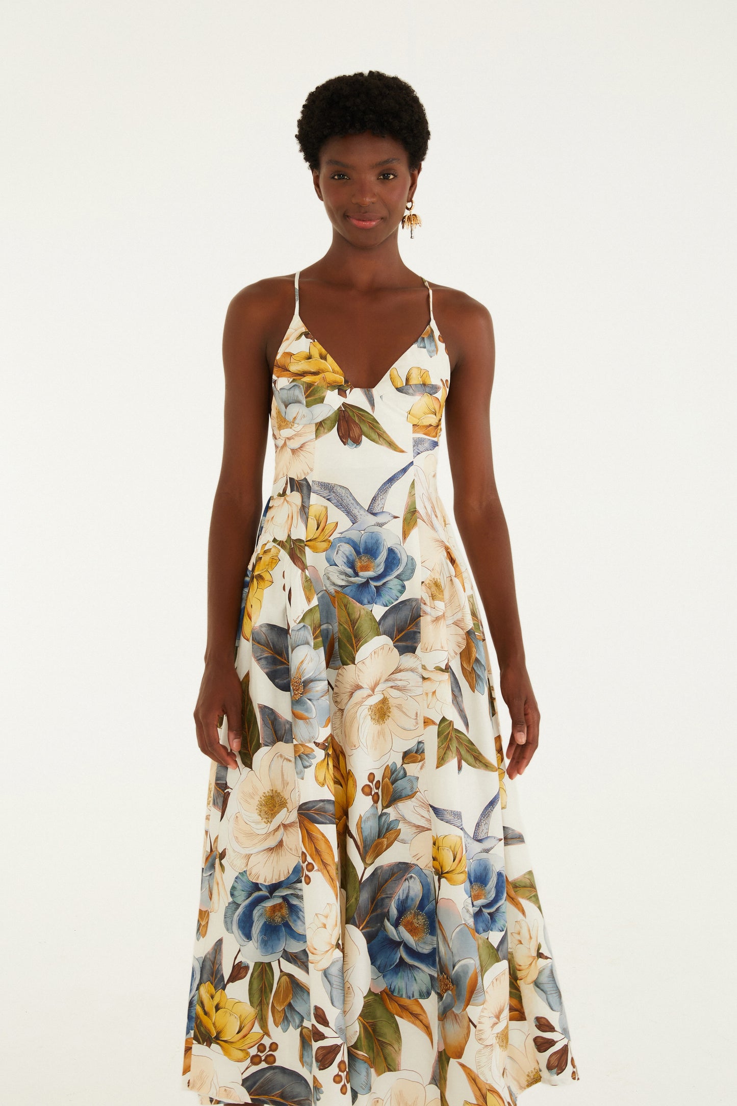 Vestido Largo Alça Estampado Jardim Guanabara