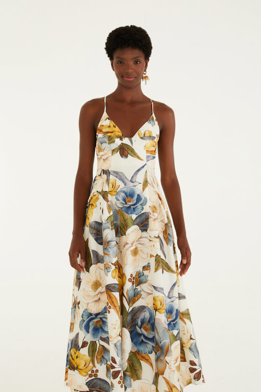 Vestido Largo Alça Estampado Jardim Guanabara