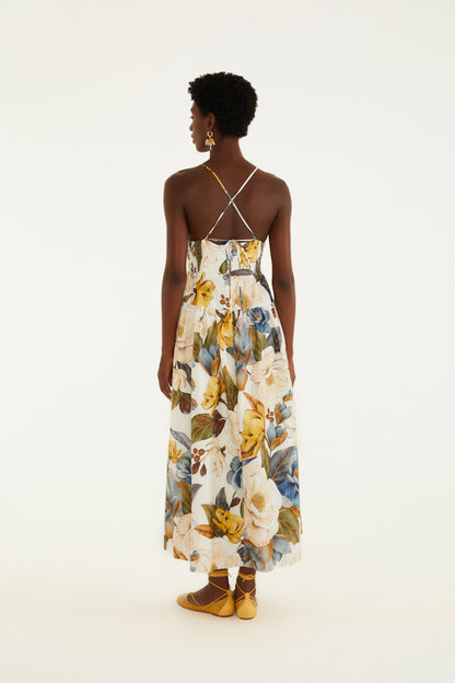 Vestido Largo Alça Estampado Jardim Guanabara