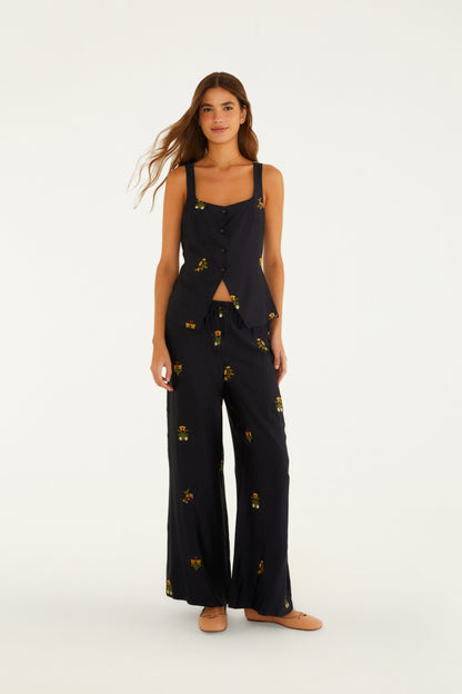 Pantalón Cetim Bordado Selva