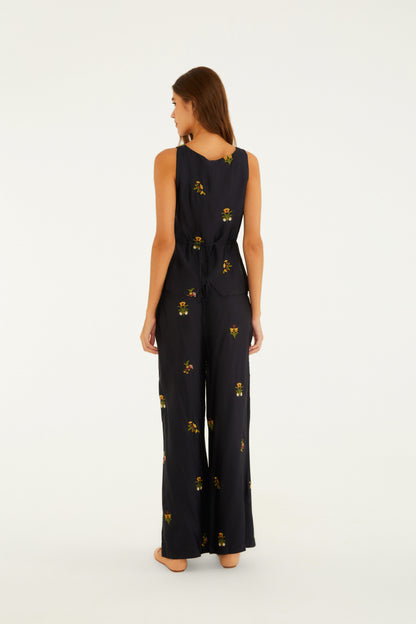 Pantalón Cetim Bordado Selva