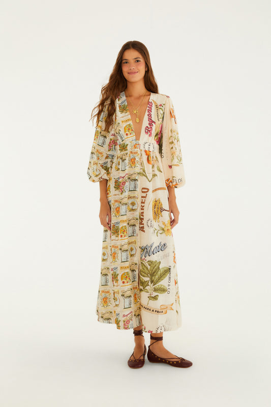 Vestido Mangas Estampado Selos Do Brasil