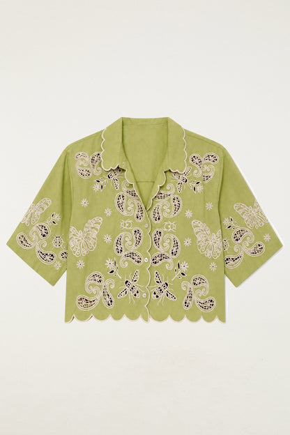 Camisa Bordada Bandanas Jardim Verde Arruda