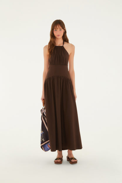 Vestido Cuello Halter Midi Marrom Ebano
