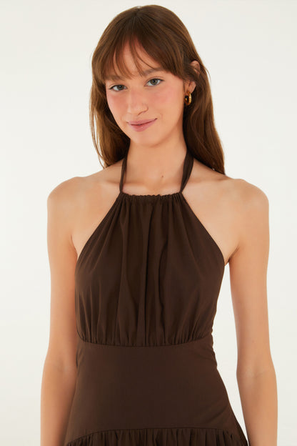 Vestido Cuello Halter Midi Marrom Ebano