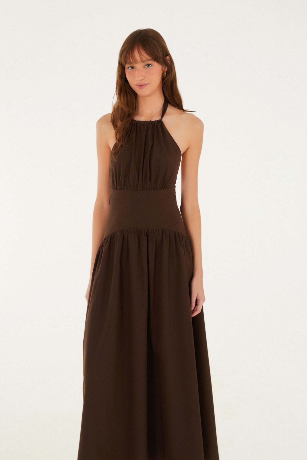 Vestido Cuello Halter Midi Marrom Ebano
