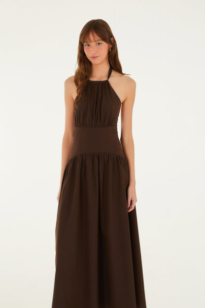 Vestido Cuello Halter Midi Marrom Ebano