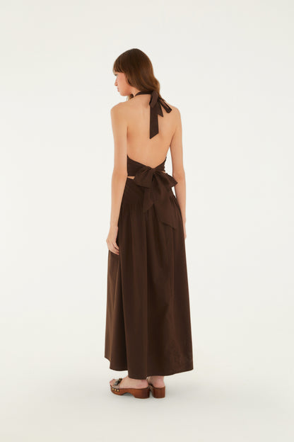 Vestido Cuello Halter Midi Marrom Ebano