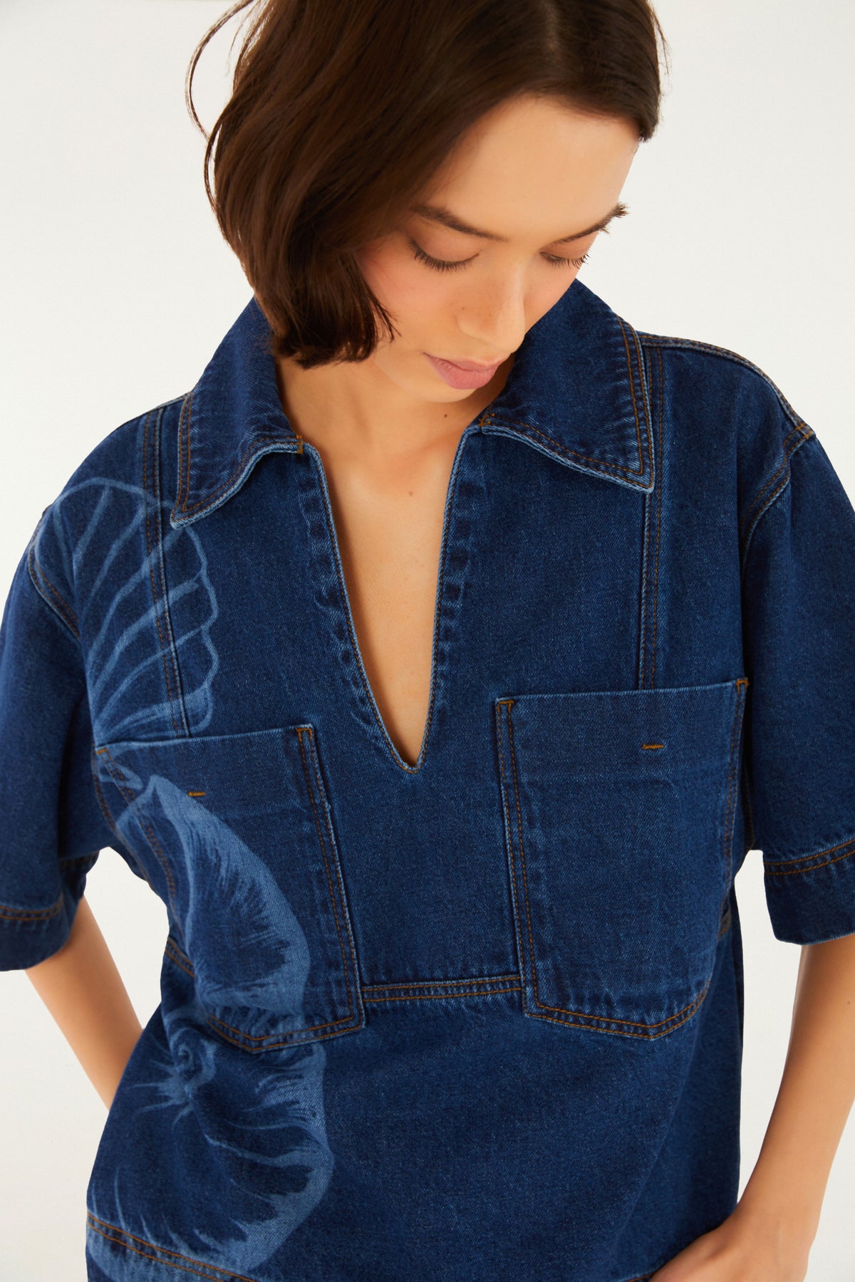 Camisa Jeans Polo Láser Maxi Conchas