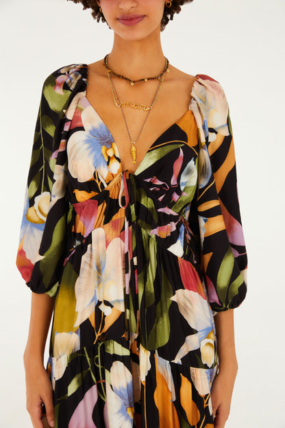 Vestido Mangas Estampado Vento de Flor