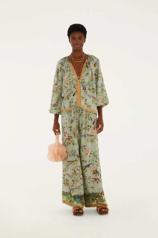 Pantalon Palazzo Estampado Canto de Pássaro