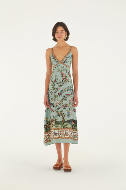 Vestido Largo Tirantes Estampado Canto de Pássaro