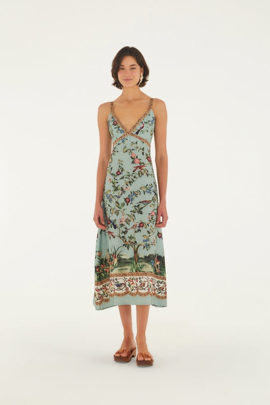 Vestido Largo Tirantes Estampado Canto de Pássaro