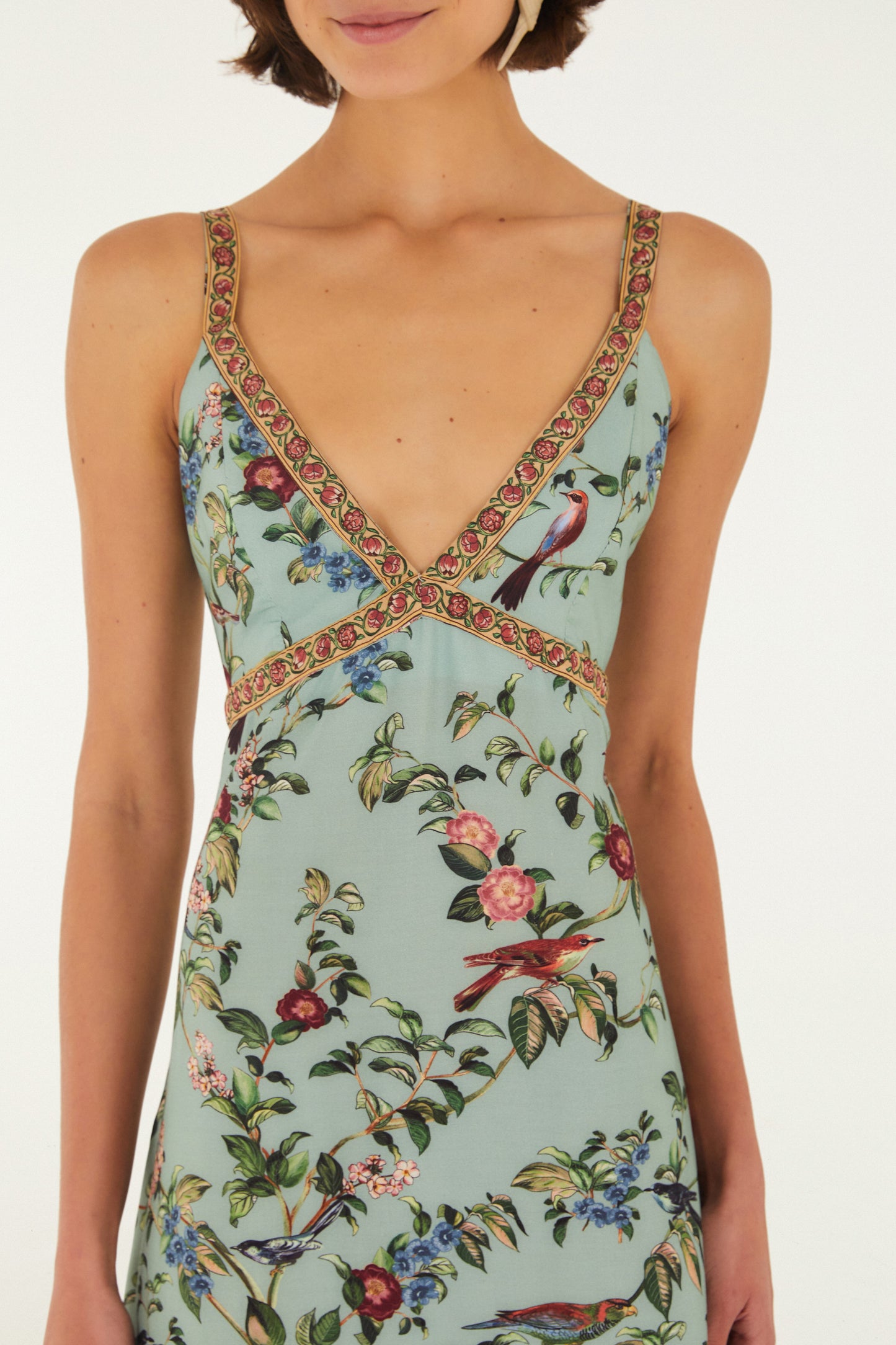 Vestido Largo Tirantes Estampado Canto de Pássaro