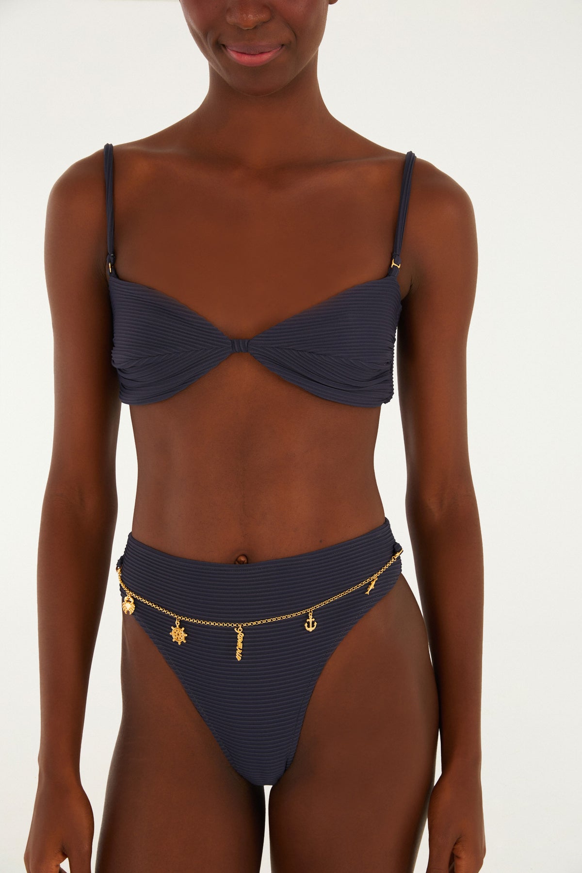 Bikini Hot Pants Cadena Liso Azul Noite